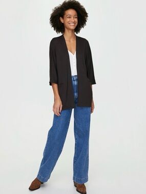 Wilfrid Free Zlata Black Open-Front Three-Quarter Sleeve Cardigan
